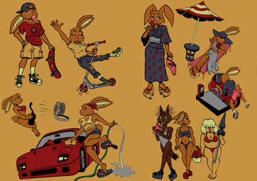 anthro arcade_machine asian_clothing belly bikini black_body brown_body brown_fur car claws clothing cooler east_asian_clothing feet female footwear fur group hang_on happy hindpaw hose japanese_clothing long_ears looking_at_another looking_at_viewer overweight parasol paws sandals scooter seductive shoes skateboard swimwear toe_claws trio two-piece_swimsuit vehicle yukata autenticovadito ferrari ferrari_f40 onegai_my_melody sanrio volcom bugambilia_(autenticovadito) my_melody canid canine canis domestic_cat domestic_dog domestic_rabbit felid feline felis lagomorph leporid mammal oryctolagus rabbit tabby_cat absurd_res digital_drawing_(artwork) digital_media_(artwork) hi_res