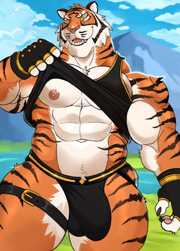 abs anthro black_clothing black_gloves black_handwear black_jockstrap black_shirt black_stripes black_tank_top black_topwear black_underwear bulge clothed clothing clothing_lift detailed_bulge eye_scar facial_scar fangs fingerless_gloves fur gloves handwear inner_ear_fluff jockstrap male muscular muscular_anthro muscular_male navel nipples open_mouth orange_body orange_fur scar sharp_teeth shirt shirt_lift solo striped_body striped_fur stripes tank_top teeth thigh_belt topwear tuft underwear whiskers yellow_eyes darknaigart epic_games fortnite oscar_(fortnite) felid mammal pantherine tiger 2025 digital_drawing_(artwork) digital_media_(artwork) english_description hi_res