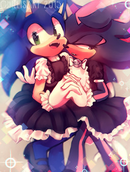 anthro black_body black_fur blue_body blue_fur clothed clothing crossdressing dress duo femboy footwear fur gloves green_eyes hand_holding handwear maid_uniform male red_body red_eyes red_fur shoes sparkles uniform spacecolonie sega sonic_the_hedgehog_(series) shadow_the_hedgehog sonic_the_hedgehog eulipotyphlan hedgehog mammal 2015 digital_media_(artwork)