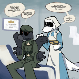 aircraft anthro black_body black_sclera clothed clothing dialogue doctor doctor's_office drill duo examination_table female flight_suit holding_object holding_tool machine maintenance medical_examination nurse_clothing nurse_uniform power_drill power_tool text tools uniform vehicle white_body bunchasticks bombardier learjet_35 su-47 sukhoi mayday_(bunchasticks) vlada_(bunchasticks) aeromorph living_aircraft living_machine living_vehicle 1:1 english_text hi_res
