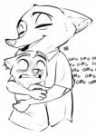 ambiguous_gender anthro blush cheek_tuft clothed clothing duo ear_piercing ear_ring eyes_closed facial_tuft head_tuft hug open_mouth open_smile piercing ring_piercing simple_background smile text tuft white_background alec8ter conditional_dnp disney zootopia honey_badger_(zootopia) nick_wilde badger canid canine fox honey_badger mammal mustelid musteline red_fox true_fox black_and_white english_text monochrome signature