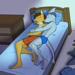 anthro bed boxers_(clothing) briefs clothed clothing duo furniture lying male male/male on_bed on_side spooning topless underwear underwear_only fuze texnatsu ian_dela_cruz mond_reyes canid canine canis coyote fish mammal marine shark 1:1 hi_res