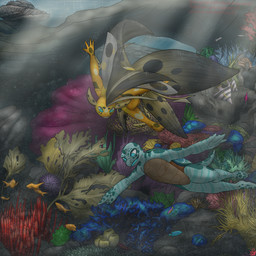 anthro coral_reef detailed_background detailed_pattern duo ebb_goldling_(fledgedragonfox) looking_at_another male scenery sea seabed seaweed swimming underwater underwater_scenery underwater_view water fledgedragonfox johno_thunder_(johny_thunder) ambient_sealife anthozoan cnidarian coral cyprinid cypriniform fish goldfish marine nymph reptile scalie sea_turtle turtle 1:1