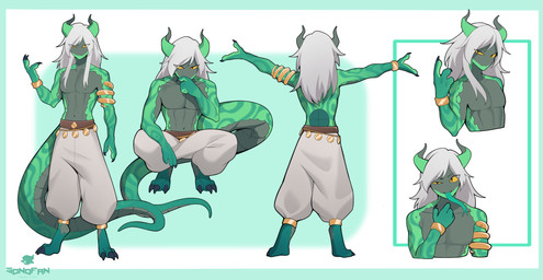 anthro bracelet clothed clothing green_body hair horn jewelry male partially_clothed partially_clothed_anthro partially_clothed_male simple_background solo standing tongue tongue_out topless topless_anthro topless_male white_hair yellow_eyes sonofan mythology dragon lizard mythological_creature mythological_scalie reptile scalie absurd_res hi_res model_sheet