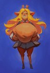 anthro belly big_belly blonde_hair bottomwear clothing female hair holding_belly overweight overweight_anthro overweight_female skirt solo decisivetang deltarune undertale_(series) noelle_holiday deer mammal new_world_deer reindeer 2022