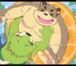 anthro belly blush bottomwear clothing duo eyes_closed fur green_body green_fur humanoid_hands male overweight overweight_male shorts water green_bell inakamichi bear canid canine canis domestic_dog mammal 2019