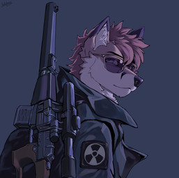 anthro assault_rifle clothing eyewear glasses gun hazard_symbol jacket male radiation_symbol ranged_weapon rifle simple_background solo symbol topwear vss_vintorez weapon fanteliscio s.t.a.l.k.e.r. canid canine fox mammal absurd_res hi_res