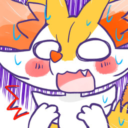 ambiguous_anthro ambiguous_gender anthro biped blush blush_stickers bodily_fluids cute_fangs emanata empty_eyes fangs food front_view gloom_lines no_pupils object_in_tail open_mouth open_smile shocked shrimp_(food) simple_background smile snout solo sweat sweatdrop tail teeth annyui0611 nintendo pokemon braixen canid generation_6_pokemon mammal pokemon_(species) 1:1 2024 bust_portrait digital_drawing_(artwork) digital_media_(artwork) hi_res japanese_description portrait translated_description