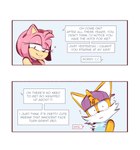 anthro clothing dialogue duo female fur hair hat headgear headwear heart_symbol male male/female multicolored_body multicolored_fur pink_body pink_hair tan_body text two_tone_body two_tone_fur white_body white_fur yellow_body yellow_fur edalv sega sonic_the_hedgehog_(series) amy_rose miles_prower canid canine eulipotyphlan fox hedgehog mammal 2024 absurd_res comic english_text hi_res