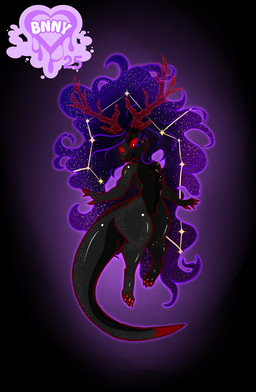ambiguous_gender anthro biped black_body constellation_markings crystal crystal_horn front_view glowing glowing_eyes hair muscular null pseudo_hair pseudo_horn pupils purple_hair red_eyes shortstack smoke smoke_hair solo star white_pupils wide_hips succubusbnny mythology kobold mythological_creature scalie hi_res