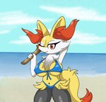 anthro beach big_breasts big_ears big_tail bikini breasts clothing eyelashes female fluffy fluffy_tail hand_on_head inner_ear_fluff looking_at_viewer nipple_outline one_eye_closed sea seaside solo stick swimwear tail thick_thighs tuft two-piece_swimsuit water yellow_body poraka7 nintendo pokemon braixen canid canine fox generation_6_pokemon mammal pokemon_(species)