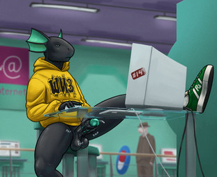anthro balls big_balls bodily_fluids bored bottomless clothed clothing computer electronics erection exhibitionism foreskin furniture genital_fluids genitals glans hoodie humanoid_genitalia humanoid_penis male masturbation penile penile_masturbation penis precum public public_masturbation retracted_foreskin saggy_balls solo topwear tall_lizzard grand_theft_auto grand_theft_auto_iii rockstar_games tall_(tall_lizzard) lizard mammal reptile scalie
