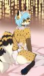 anthro apron blue_hair bulge clothed clothing crossdressing eyewear feet glasses hair heterochromia hindpaw legwear male multi_tail panties paws solo stockings tail underwear xiaoxinge neko_ed canid canine cheetah felid feline fox hybrid mammal hi_res