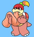 3_fingers 3_toes big_tongue blonde_hair blue_background fangs feet female fingers hair holding_tongue hyper hyper_tongue long_tongue looking_at_tongue pink_body simple_background solo standing teeth toes tongue tongue_fetish tongue_out pechaberry mario_bros nintendo pom_pom_(mario) boom_boom koopa scalie hi_res