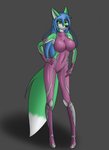 anthro blue_hair breasts brown_eyes clothed clothing cosplay female fur green_body green_fur hair skintight_bodysuit solo aventis_vixxx taimanin_(series) taimanin_asagi aventis igawa_asagi canid canine fox mammal hi_res