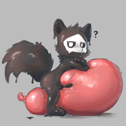 anthro balloon balloon_fetish black_body black_fur bodily_fluids crossed_arms cum fur genital_fluids genitals glistening grey_background inflatable knot knotted_penis latex leaning leaning_forward liquid_latex male monotone_background penis question_mark red_balloon simple_background solo tail badipoki changed_(video_game) puro_(changed) 1:1 absurd_res hi_res