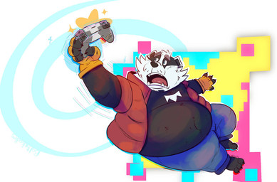 anthro belly big_belly black_body black_fur black_nose bottomwear clothing controller fur game_controller male moobs open_mouth overweight overweight_male pants solo surprised white_body white_fur baltydoodles bradley_the_badger_(game) bradley_(bradley_the_badger) badger mammal mustelid musteline 2025