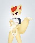 :3 anthro bottomless breasts canid canine clothed clothing countershading female fox fur genitals hair hi_res lexy_(max_draws) mammal max_draws mostly_nude nipples partially_clothed pussy raised_clothing raised_shirt raised_topwear red_eyes red_hair shirt simple_background solo topwear white_background yellow_body yellow_fur
