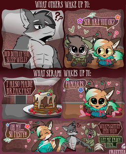 5_fingers abs accessory antennae_(anatomy) anthro arm_grab armor asian_clothing bare_chest belt berry bottomwear brown_body brown_eyebrows brown_fur cheek_markings chest_scar clothing collared_shirt cutlery dialogue dipstick_ears ear_markings ear_scar ear_tunnel east_asian_clothing eye_scar eyebrows facial_markings facial_scar femboy fingers flower food fruit fur gesture gloves_(marking) green_clothing green_hair green_shirt green_topwear grey_body grey_eyebrows grey_fur grey_inner_ear_fluff group hair handwear head_markings head_tuft headgear heart_symbol helmet inner_ear_fluff japanese_clothing kimono kitchen_utensils leaf leg_markings male male/male markings multicolored_body multicolored_ears multicolored_fur ogling orange_body orange_fur pancake pants pith_helmet plant pupils question_mark red_bottomwear red_clothing red_pants safari_shirt scar shirt side_by_side slit_pupils smile socks_(marking) spoon standing star text tools topwear trio tuft waist_bow waving waving_at_viewer white_sclera yellow_sclera fruittea fototeta muppets azazel_(fruittea) bastien_(fruittea) seraph_(fruittea) canid canine canis fox mammal muppet wolf 2025 absurd_res artist_name colored comic digital_drawing_(artwork) digital_media_(artwork) english_text hi_res signature