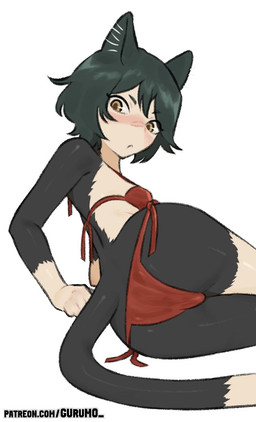 bikini black_body black_fur black_hair blush breasts butt cat_tail clothing eyebrow_through_hair eyebrows female fur gloves_(marking) hair leg_markings looking_at_viewer lying markings micro_bikini on_side pale_skin pointy_ears prick_ears red_clothing red_swimwear short_hair slim small_breasts socks_(marking) solo swimwear text tomboy translucent translucent_hair two-piece_swimsuit white_body white_fur yellow_eyes gurumo delicious_in_dungeon izutsumi_(delicious_in_dungeon) domestic_cat felid feline felis humanoid mammal hi_res url