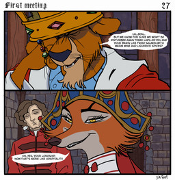 anthro black_facial_markings black_markings closed_door clothing crown crown_jewels cunning dialogue door ears_flat etiquette exasperated eyes_closed facial_markings female gem gold_(metal) gold_crown group head_markings headdress headgear kokoshnik male markings narrowed_eyes nobleman noblewoman open_mouth ring robe royalty sitting standing stone_floor stone_wall text trio wall_(structure) whiskers wood wood_door yellow_eyes sir_paulus disney robin_hood_(disney) lisabeth_(lord_paulus) prince_john canid canine canis felid feline fox human lion mammal pantherine english_text hi_res