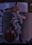 2018 absurd_res anthro band-aid bandage bed bodily_fluids butt butt_cleavage canid canine clothed clothing comic cuddling dipstick_ears dipstick_tail disney duo ear_markings embrace eyes_closed female fox furniture gloves_(marking) hand_on_back hand_on_butt hi_res inside judy_hopps lagomorph leg_markings leporid lying male male/female mammal markings midriff multicolored_ears multicolored_tail nick_wilde on_back on_bed on_top panties plushie rabbit red_fox scut_tail short_tail sleeping socks_(marking) tail tail_markings tears topless true_fox underwear yitexity zootopia