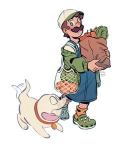 4_toes 5_fingers ambiguous_feral ambiguous_gender apple black_eyebrows blue_clothing blue_eyes blue_overalls blush blush_lines body_hair brown_facial_hair brown_hair brown_mustache button_(fastener) carrot clothed clothed_human clothed_male clothing collar collar_only collar_tag duo empty_eyes eye_contact eyebrows facial_hair feet feral fingers food footwear fruit fully_clothed fully_clothed_human fully_clothed_male green_clothing green_footwear green_jacket green_topwear hair happy holding_bag jacket larger_human larger_male leg_hair lettuce looking_at_another male male_human motion_lines mustache nude nude_ambiguous open_clothing open_jacket open_mouth open_smile open_topwear orange_(fruit) orange_clothing orange_footwear orange_socks overalls paper_bag paws pink_tongue plant pupils red_collar shirt short_hair shoulder_bag simple_background size_difference smaller_ambiguous smaller_feral smile smiling_at_another smiling_at_each_other socks standing tail tail_motion tailwag tan_body tan_skin toes tongue tongue_out topwear translucent vegetable walking white_background white_baseball_cap white_body white_clothing white_pupils white_shirt white_tail white_topwear didy414 crocs luigi's_mansion mario_bros nintendo luigi polterpup canid canine ghost human mammal spirit 2025 8:9 absurd_res colored digital_drawing_(artwork) digital_media_(artwork) english_description hi_res shaded signature