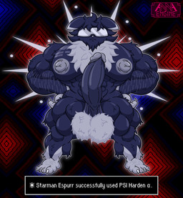 abs abstract_background anthro arm_hair arm_tuft balls barazoku barefoot biceps big_balls big_muscles big_pecs big_penis blue_body blue_fur blue_penis body_hair butt_hair cheek_tuft chest_hair chest_tattoo chest_tuft claws clothed clothing ear_markings erection eyewear facial_tuft feet fluffy fluffy_balls fluffy_chest foreskin front_view fur fur_markings fusion genitals glasses glowing glowing_body grey_nipples hair hands_on_hips happy_trail head_tuft huge_muscles huge_pecs humanoid_genitalia humanoid_penis ineffective_clothing leg_tuft male markings multicolored_body multicolored_fur muscular muscular_anthro muscular_arms muscular_legs muscular_male muscular_thighs nipples nude pecs penis pose psychic psychic_energy psychic_powers pubes saggy_balls serious shoulder_tuft solo spread_legs spreading standing sunglasses tattoo text text_box toe_claws tuft two_tone_body two_tone_fur visor white_body white_body_hair white_fur white_hair white_pubes annaengine earthbound_(series) nintendo pokemon fan_character espurr felid feline generation_6_pokemon mammal pokemon_(species) starman absurd_res crossover digital_drawing_(artwork) digital_media_(artwork) english_text hi_res