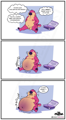 anthro balls belly belly_expansion blueberry_inflation border dessert doughnut eating expansion food fur genitals inflation male nipples nude overweight pastry pawpads paws penis pink_body pink_fur pink_nipples purple_nose size_difference small_balls small_penis smaller_male solo swelling text white_border thewilldpink jeffrey_taggart hyena mammal 2026 absurd_res comic english_text hi_res
