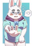 anthro biped blush bodily_fluids clothing eyes_closed eyewear glasses hoodie humanoid_hands kemono male shirt slightly_chubby solo sweat topwear white_body shimo_kawa vtuber yamanashi_mitsuki lagomorph leporid mammal rabbit 2021 hi_res