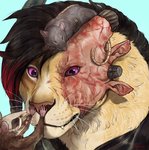 anthro bald_spots black_hair blue_background body_horror broken_horn female feral group hair horn purple_eyes scar simple_background whiskers rogueliger guild_wars charr felid mammal murid murine rat rodent 2020 digital_media_(artwork) headshot_portrait portrait