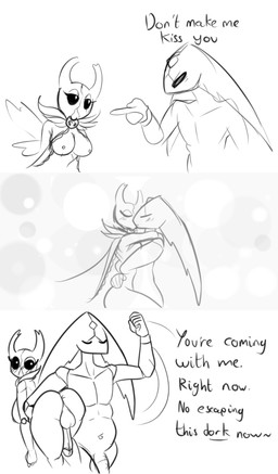 2_horns 5_fingers arms_around_neck balls belly biped black_text breasts butt clothing dialogue duo eyelashes eyes_closed fingers forehead_gem gem genitals gesture glans gynomorph half-closed_eyes hand_gesture holding_another horn hug hugging_another humanoid_genitalia humanoid_penis intersex intersex/male kissing looking_back male motion_lines narrowed_eyes nipples penis pointing pointing_at_another standing talking_to_another text walking wings latiar hollow_knight_(franchise) team_cherry harrold_(latiar) scarlet_lady_(peacefultreasu1) arthropod vessel_(species) english_text hi_res monochrome