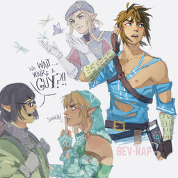 blonde_hair clothed clothing crossdressing dialogue duo eye_contact eyewear femboy gerudo_outfit glasses hair hat headgear headwear humanoid_pointy_ears light_body light_skin looking_at_another male nipples not_furry pointy_ears sheikah_slate shush simple_background tablet_computer text torn_clothing bev-nap breath_of_the_wild nintendo the_legend_of_zelda link elf humanoid hylian 1:1 2018 absurd_res english_text hi_res signature
