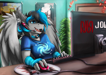 anthro blue_eyes breasts clothing electronics female fingerless_gloves gaming gloves handwear headgear headphones headset large_wings monitor open_mouth playing_video_game solo james_corck hasbro my_little_pony fan_character bat_pony equid equine mammal 2021 hi_res