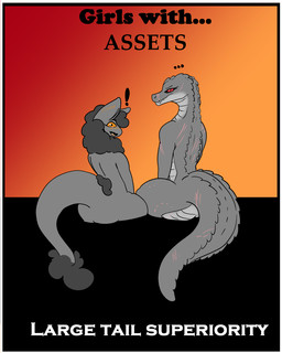 anthro big_butt bite_mark blush butt duo exclamation_point female fur looking_at_viewer orange_eyes red_eyes scar scars_all_over sharp_teeth tail teeth text thick_tail thick_thighs wool_(fur) frostedscales the_nature_of_predators arxur_(the_nature_of_predators) mammal reptile scalie venlil_(the_nature_of_predators) 4:5 english_text hi_res