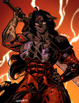 abs ahoge anthro arm_wraps armor black_hair claws cosplay electricity female finger_claws fur green_eyes grey_body grey_fur grin hair hand_on_hip holding_melee_weapon holding_object holding_sword holding_weapon lightning melee_weapon muscular muscular_anthro muscular_arms muscular_female smile solo sword weapon wraps inugatami ayla_(inugatami) wonder_woman canid canine canis mammal wolf 2025 hi_res signature