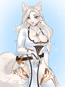 5_fingers anthro bangs belt belt_buckle bent_arm black_belt black_eyebrows blue_background blue_eyes blue_pupils blush breasts buckle camel_toe claws cleavage cleric closed_smile clothed clothed_anthro clothed_female clothing collarbone cross cross_necklace dagger dress ear_tuft eyebrow_through_hair eyebrows eyelashes eyelashes_through_hair female female_anthro finger_claws fingers fluffy fluffy_tail fur genital_outline hair happy inner_ear_fluff jewelry legwear lidded_eyes light long_hair medium_breasts melee_weapon mouth_closed necklace pink_nose pupils simple_background smile solo tail thigh_highs translucent translucent_hair tuft underwear vulva_outline weapon white_body white_claws white_clothing white_dress white_fur white_hair white_inner_ear_fluff white_legwear white_tail white_thigh_highs white_underwear angellumen angel_(angellumen) felid feline mammal 2024 colored digital_drawing_(artwork) digital_media_(artwork) english_description hi_res lighting portrait shaded three-quarter_portrait trans_(lore) trans_man_(lore)