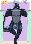 anthro balls claws dark_body dark_skin erection genitals hair horn male muscular muscular_male nude on_one_leg penis shower shower_curtain smile solo standing stripes tail 1ceberg mythology jordan_(1ceberg) dragon mythological_creature mythological_scalie scalie absurd_res hi_res