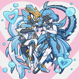 blue_body blush clothing collaborative collaborative_gesture collaborative_heart_gesture duo eyeless faceless female female/female fin gesture gold_accessory heart_gesture heart_symbol not_furry pink_background simple_background ninebuttom digital_extremes tencent warframe yareli_(warframe) yareli_prime_(warframe) alien aquatic fish humanoid 1:1 hi_res