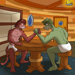 anthro arm_wrestling briefs butt clothed clothing duo fur fur_markings green_body green_fur inside male markings nipples red_body red_fur sitting tail underwear underwear_only white_briefs white_clothing white_underwear fuze felid leopard mammal pantherine suid suine sus_(pig) wild_boar 1:1 hi_res