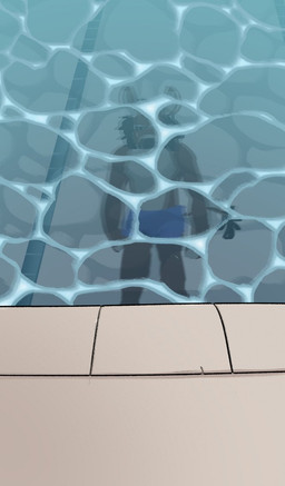 anthro black_hair blue_clothing blue_swimming_trunks blue_swimwear brown_body clothed clothing hair male male_anthro reflection solo standing swimming_pool swimming_trunks swimwear tail tail_tuft topless tuft white_body jezzlen chuy_(jezzlen) asinus donkey equid equine mammal