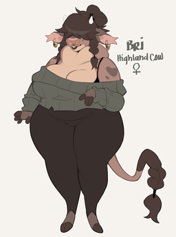 accessory anthro big_breasts black_clothing black_leggings black_legwear bra_strap braided_pigtails braided_tail breasts brown_hair cleavage clothed clothing double_chin ear_piercing ear_ring facial_piercing female green_clothing green_sweater green_topwear hair hair_accessory hair_over_eyes hair_tie heart_(marking) hoop_ear_ring hooves horn leggings legwear lips markings mole_(marking) nose_piercing nose_ring piercing ring_piercing simple_background slightly_chubby slightly_chubby_anthro slightly_chubby_female solo sweater tail thick_bottom_lip thick_thighs tied_hair topwear white_background punkinbuu bri_(punkinbuu) bovid bovine cattle highland_cattle mammal hi_res