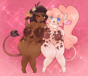 belly big_breasts blue_eyes breasts brown_eyes brown_hair dark_body dark_skin duo eyelashes female female/female glint hair hand_on_hip heart_symbol horn light_body light_skin lips mud muddy navel nipples nude one_eye_closed pink_background pink_hair ponytail ruff simple_background tail thick_lips thick_thighs shgrcube animal_humanoid bovid bovid_humanoid bovine bovine_humanoid cattle_humanoid humanoid mammal mammal_humanoid 2023 hi_res