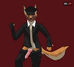 anthro clothing genitals gloves handwear knot male penis presenting presenting_penis red_eyes solo teeth_showing uniform inkredd lapfox_trax jackal_queenston canid canine canis jackal mammal