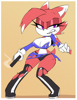 action_pose anthro big_breasts black_boots black_clothing black_footwear black_panties black_underwear bodily_fluids boots border bottomwear breasts cleavage clenched_teeth clothed clothing countershading dipstick_ears ear_markings eyelashes female footwear fur gloves gun handgun handwear holding_gun holding_handgun holding_object holding_pistol holding_ranged_weapon holding_weapon legwear markings midriff multicolored_ears navel panties pistol pose pupils purple_bottomwear purple_clothing purple_eyes purple_shirt purple_skirt purple_topwear ranged_weapon red_body red_fur scuff_marks shirt shoes simple_background skirt slit_pupils small_waist smoking_gun solo sweat teeth textured_background thigh_boots thigh_highs topwear torn_boots torn_bottomwear torn_clothing torn_gloves torn_handwear torn_shirt torn_skirt torn_thigh_highs torn_topwear triangle_nose underwear weapon white_body white_border white_clothing white_countershading white_fur white_gloves white_handwear wide_hips wide_stance yellow_background nelljoestar sega sonic_the_hedgehog_(series) fan_character felid mammal 2026 full-length_portrait hi_res portrait