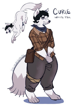 anthro black_hair black_nose blue_kerchief clothed clothing female fully_clothed fur hair kerchief pattern_clothing pattern_shirt pattern_topwear plaid plaid_clothing plaid_shirt plaid_topwear shirt shoulder_bag simple_background snout solo standing tail text topwear white_background white_body white_fur drvoidiguana fallout microsoft curie_(fallout) arctic_fox canid canine fox mammal true_fox artist_name english_text