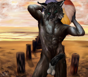 5_fingers abs anthro athletic ball balls beach beach_ball biped black_nose black_penis bodily_fluids brown_body brown_fur brown_hair detailed_background erection eyebrows fingers foreskin fur genital_fluids genitals green_eyes hair holding_object humanoid_genitalia humanoid_penis inflatable looking_at_viewer male muscular muscular_anthro nude outside penis pool_toy pose precum retracted_foreskin sand seaside seductive sky smile smirk solo standing sunset water killianwalker killian felid feline hybrid lynx mammal 2015 hi_res unavailable_at_source