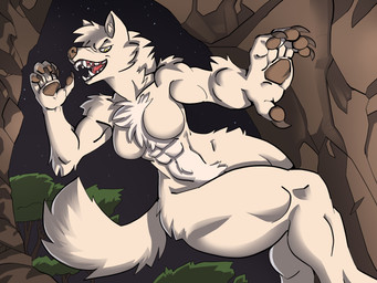 5_fingers abs anthro athletic athletic_anthro athletic_female black_nose black_pawpads breasts chest_tuft claws fangs featureless_breasts female finger_claws fingers forest fur humanoid_hands nature navel night nude open_mouth open_smile outdoor_nudity outside pawpads plant smile solo teeth tongue tree tuft white_body white_fur phrannd mythology canid canine canis mammal mythological_canine mythological_creature werecanid werecanine werecreature werewolf wolf 2023 4:3 absurd_res hi_res