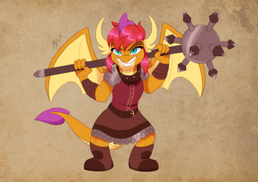 2_horns 4_fingers anthro armor belt blue_eyes boots brown_boots brown_clothing brown_footwear brown_handwear clothed clothing cosplay crossover_cosplay fangs female fingerless_gloves fingers footwear gloves handwear horn morning_star_(weapon) orange_body pupils shoes smile solo tail tail_tuft teeth tuft wings yellow_horn young haruh_ink european_mythology friendship_is_magic hasbro my_little_pony mythology nimona nimona_(nimona) smolder_(mlp) dragon mythological_creature mythological_scalie scalie western_dragon 2023 absurd_res crossover hi_res