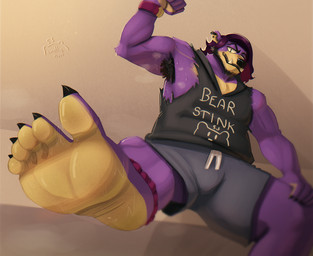 anthro armpit_fetish armpit_hair armpit_musk bodily_fluids body_hair feet foot_fetish humanoid_feet male muscular muscular_male musk musky_armpit musky_feet paws plantigrade sitting solo sweat sweaty_feet smellybear marky_(smellybear) bear mammal absurd_res hi_res